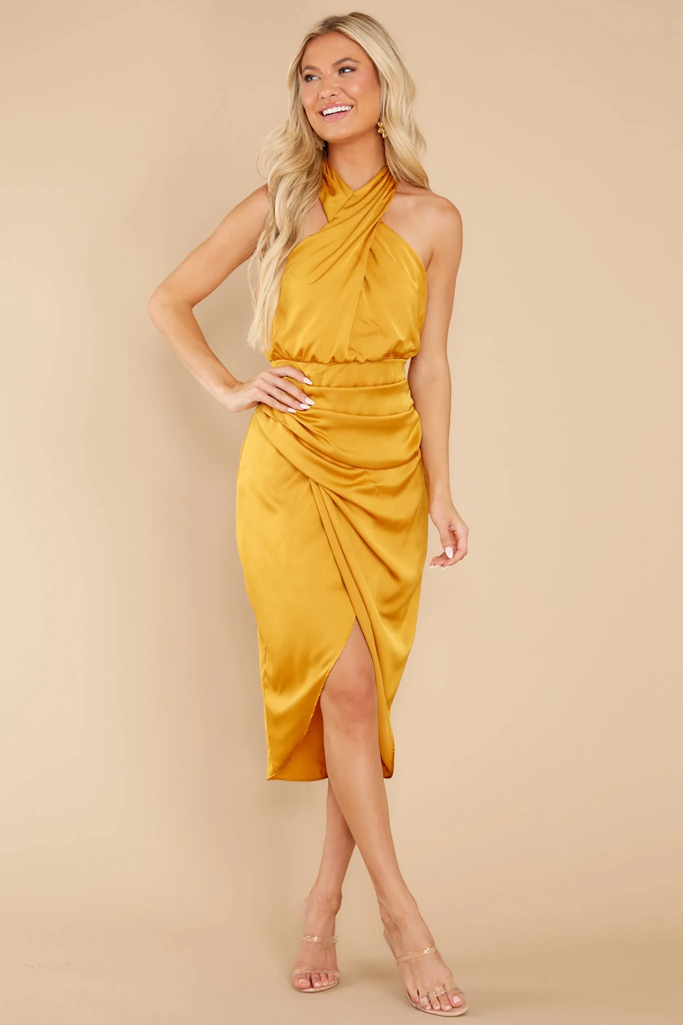 Midnight Chances Mustard Midi Dress